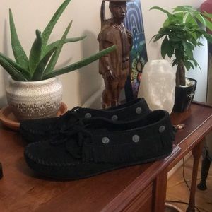 Black Suede Moccasins- Minnetonka size 8.5